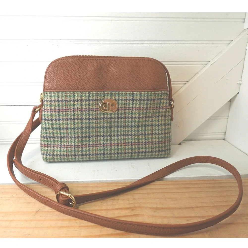 Vintage Talbots Crossbody‎ Purse Tan Leather Wool Plaid Adjustable Strap Bag
